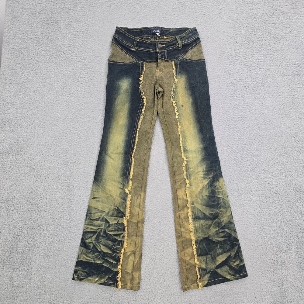 Richly Jeans Flare Womens 27 Low Rise Flare Jeans VTG Patina Raw Hem Seam Y2k